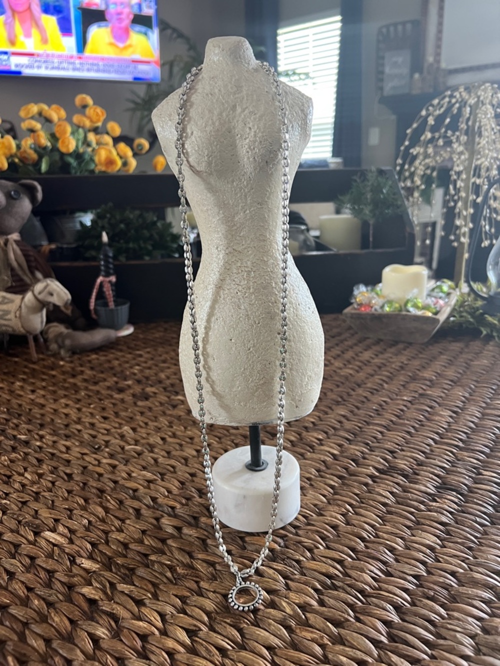 Silver Tone Long Pendant Necklace with Circular Charm